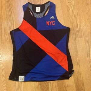 Tracksmith Black and Blue NYC Tank with red and Gold Accents